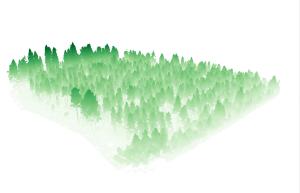 En tredimensionell bild av skogen, producerad utifrån punktmolnsmaterial som man fått med hjälp av drönare.