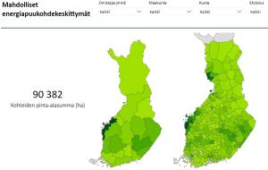 Skärmdump som visar karttjänsten med koncentrationer av energivedsobjekt. Där visas två kartor över Finland, den ena med landskapen och den andra med kommunvis presentation.