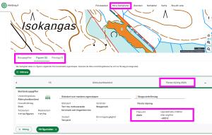 Skärmdump av Metsään.fi-tjänsten, som visar skogsinformation för ett område avgränsat på kartan, det vill säga en figur.