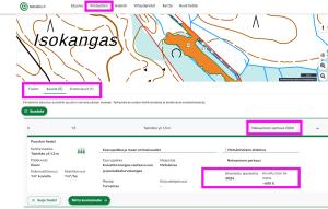 Kuvakaappaus Metsään.fi-palvelusta, jossa näytetään metsätietoa karttaan rajatulta alueelta eli kuviolta.