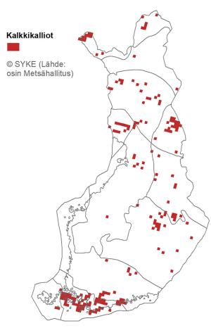 Karttakuvaan on merkitty kalkkikallioesiintymät Suomessa