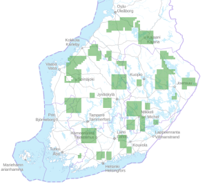 En karta över Finland där observationsområdenas ungefärliga läge har markerats med gröna rutor.