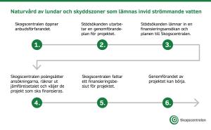 I stödförsöket för vård av lundar och skyddszoner som lämnas längs vattendrag tillämpas en enstegad ansökningsprocess. Bildens innehåll beskrivs i texten på sidan.