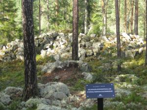 Muinaisjäännösalue metsän keskellä, taustalla on kiviä suuressa pinossa.