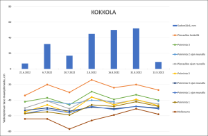 Kuvassa kuvattu kohteen sademääriä ja vedenpinnan tasoa maanpinnasta. Sademäärät ovat olleet elokuussa korkeampia kuin kesä-, heinä- ja syyskuussa. Vedenpinnan taso maanpinnasta on vaihdellut eri mittauskohteiden mukaan.