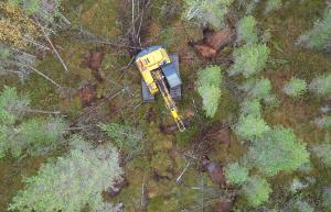 Kaivinkone tukkii suolla ojia ja ennallistaa suota. 