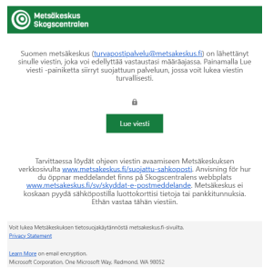 En bild av hur ett meddelande om ankomsten av ett skyddat e-postmeddelande ser ut för mottagaren. Bildens innehåll beskrivs i bildtexten.