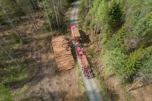 En virkestransportbil fotograferad från luften. Timmer lastas på fordonet från en trave vid skogsvägen.