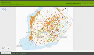 Skärmdump från karttjänsten med anmälda avverkningar som görs på grund av skogsskador.