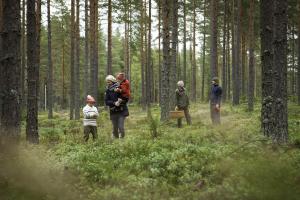 Eri ikäisiä ihmisiä metsässä