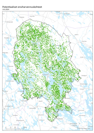 Kartta, jossa on esitetty pisteinä potentiaaliset ensiharvennuskohteet Pohjois-Savossa