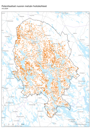 Kartta, jossa on esitetty pisteinä potentiaaliset nuoren metsän hoitokohteet Pohjois-Savossa