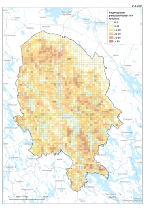 Kartta, jossa on esitetty potentiaalisten pienpuukohteiden määrä Pohjois-Savossa.