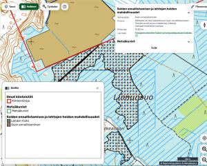Kuvakaappaus Metsään.fi-palvelusta, josta näkee mahdollisesti tukikokeiluun soveltuvat alueet kartalla.