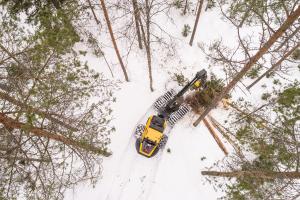 En avverkningsmaskin arbetar i en vintrig skog.