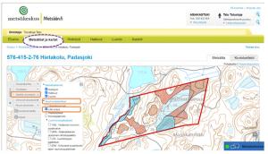 Metsään.fi-palvelusta karttakuva, jossa näkyy metsätilan luontokohteet.