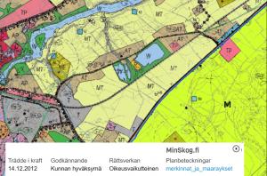 Exempel på en generalplanskarta och kartförklaringar i MinSkog.fi.
