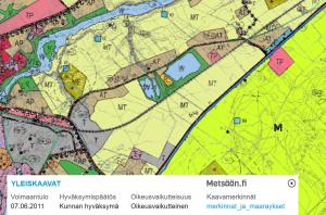 Esimerkki yleiskaavakartasta ja selitteestä Metsään.fi-palvelussa.
