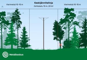 Kaaviokuva keskijännitelinjan johtokadun viereiseen puustoon jätettävästä etäisyydestä.