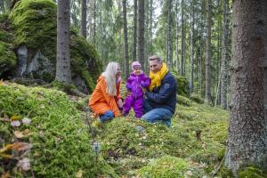 Kaksi aikuista ja lapsi kävelemässä metsässä.