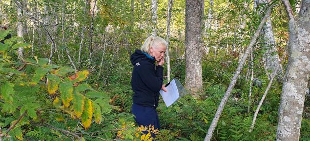 Nainen suorittamassa luonnonhoitokorttikokeen maastokoetta. 