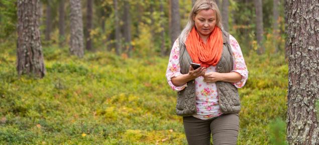 en person går i skogen med en telefon i handen