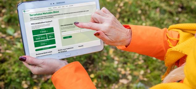 Person tittar på MinSkog.fi.