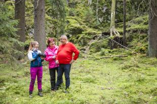 Metsäneuvoja neuvoo metsänomistajia metsässä.
