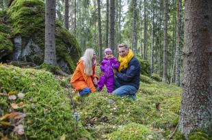 Kaksi aikuista ja lapsi kävelemässä metsässä.