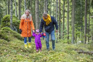 Kaksi aikuista ja lapsi kävelemässä metsässä.
