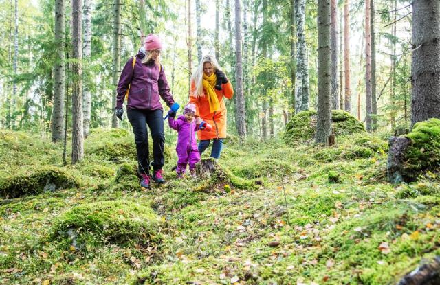 Kaksi aikuista ja pieni lapsi sammaleisessa metsässä.
