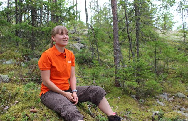 Henkilö istumassa metsässä mättäällä.