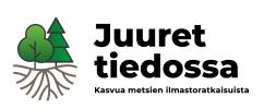 Juuret tiedossa -hankkeen logo, jossa vasemmalla kaksi piirrettyä puuta ja niiden juuret, oikealla teksti juuret tiedossa, kasvua metsien ilmastoratkaisuista