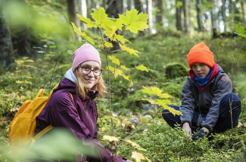 Två personer i en grön skogen.